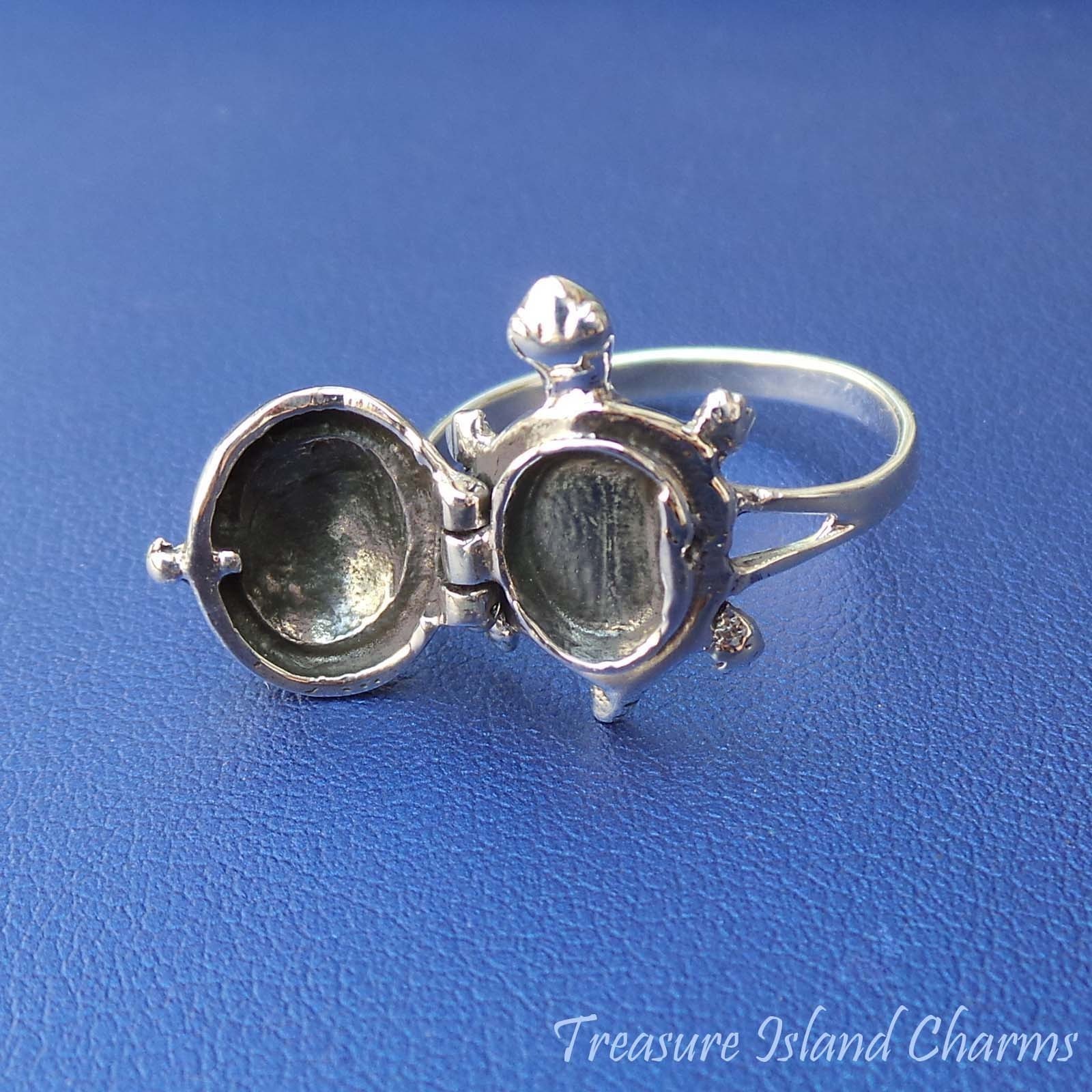 Turtle 925 Solid Sterling Silver Poison Pill Box Ring Opens Size 6 7 8 9 Opens
