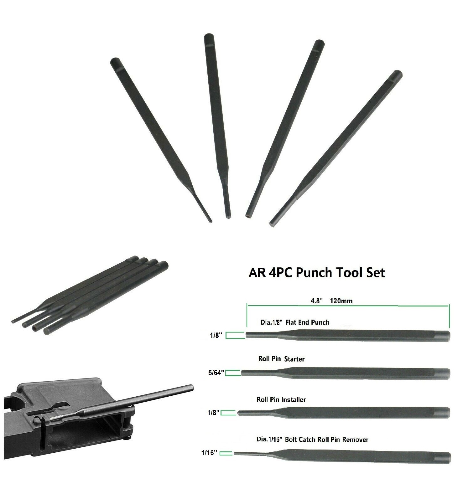 4PC Punch Set Roll Pin Installer and Removal Tool All Alloy Steel Heat Treated