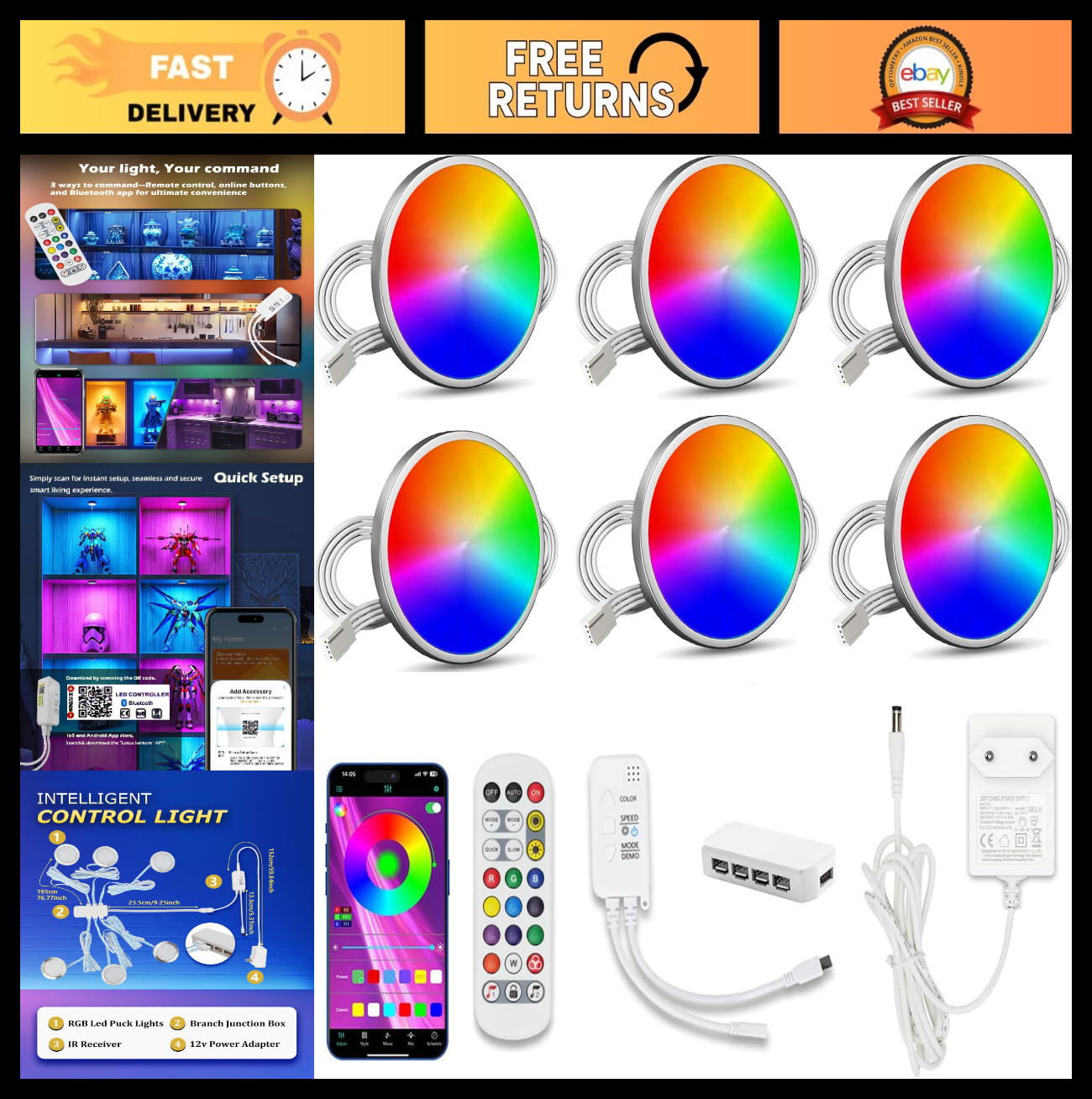 RGB LED Smart Puck Lights 6 Pack - Color Changing, Remote Control, Music Sync, D