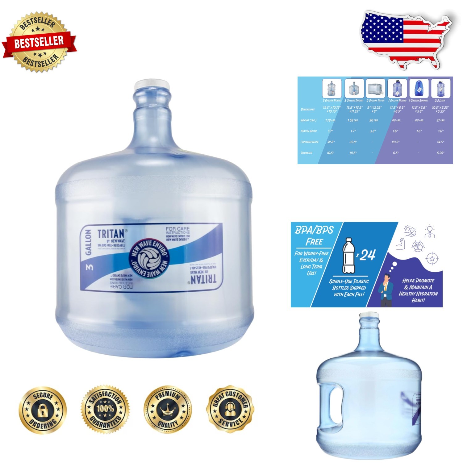 Tritan 3 Gallon Water Bottle BPA Free, Lightweight & Durable Blue Reusable Co...