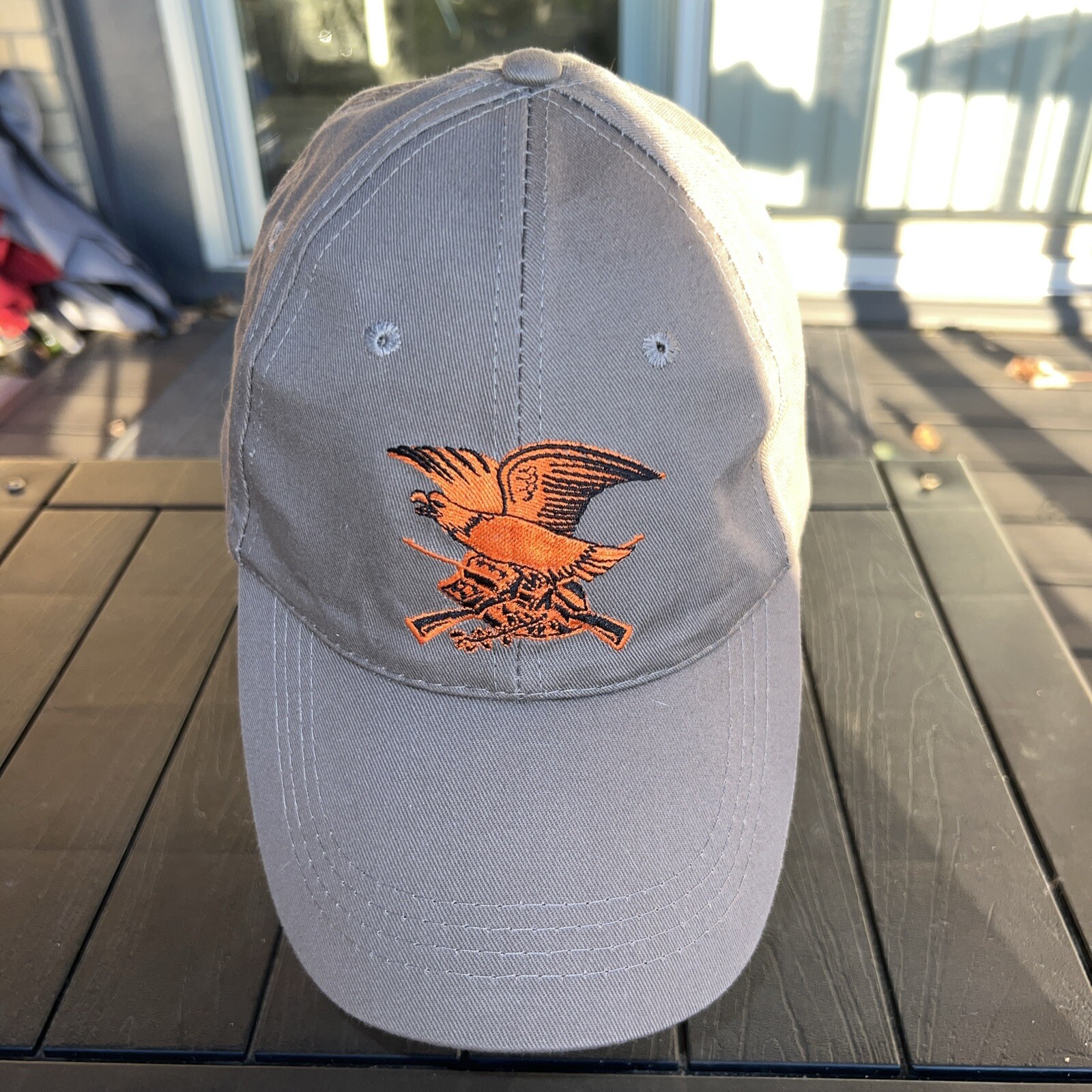 NRA Black on Back Front Orange Eagle on Taupe Hat Cap Cotton Hook Loop EUC