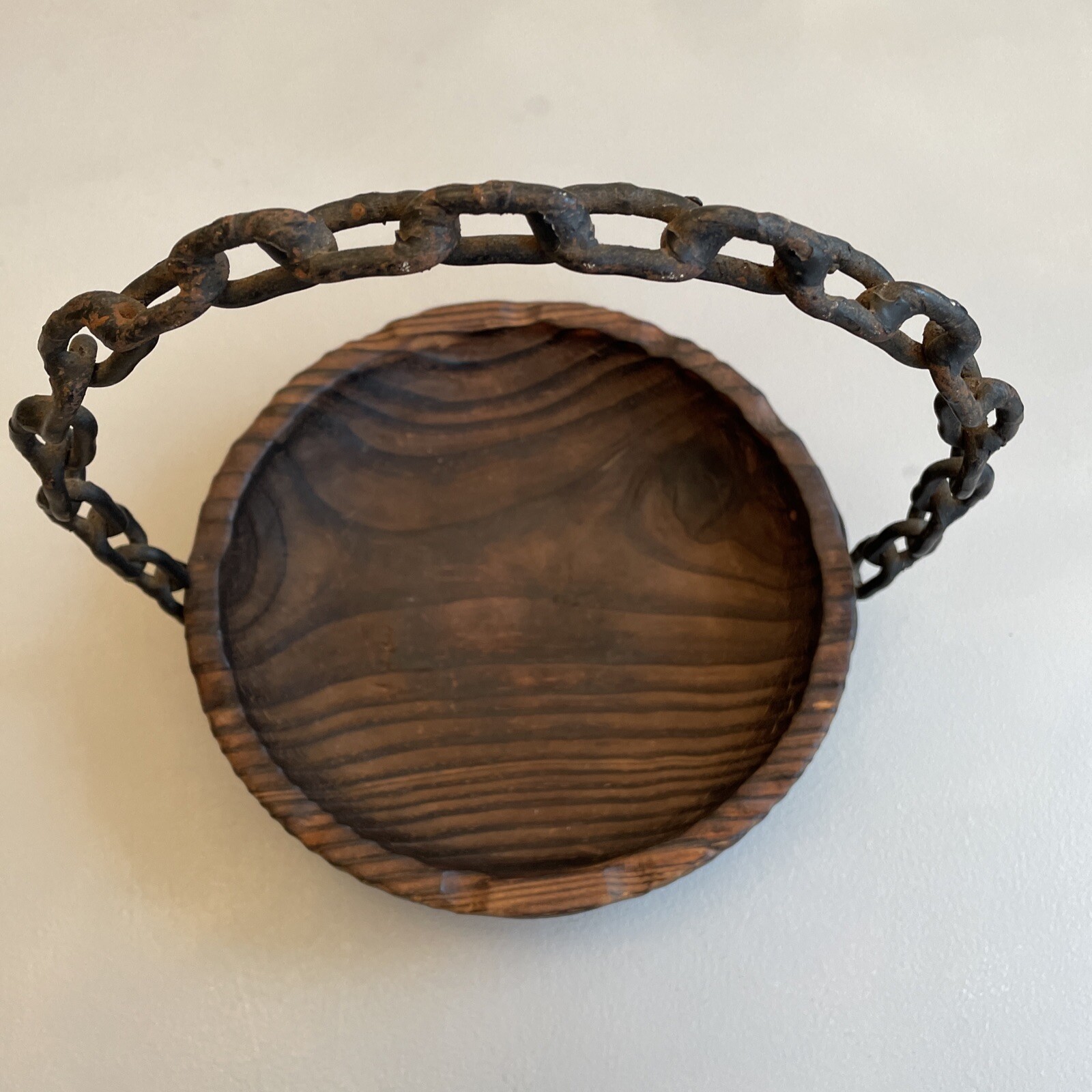 Rustic Wooden Basket with Old Rusty Chain handle Western Or Boho Decor