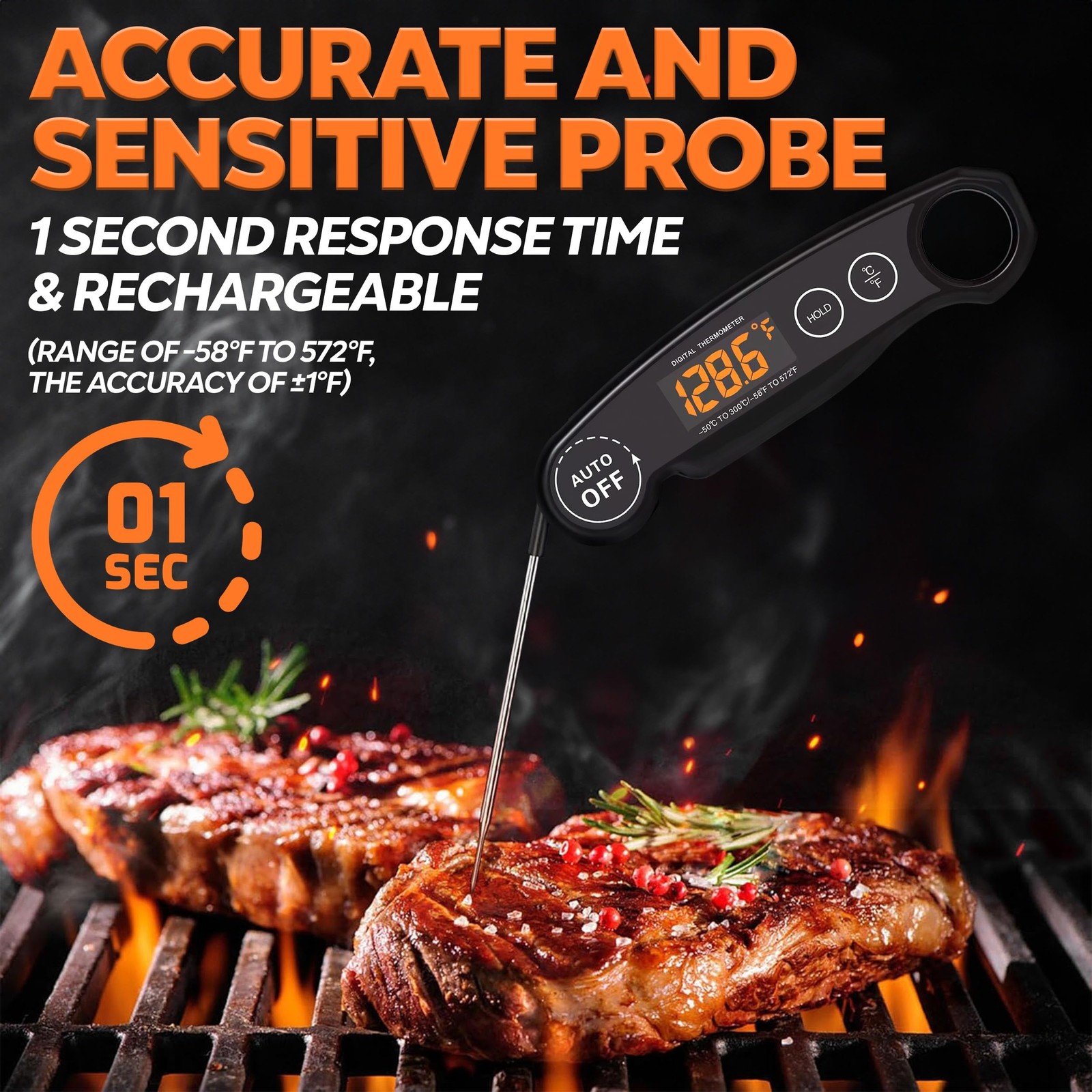 Instant Read Food Thermometer Rechargeable Meat Thermometer Digital Kitchen T...
