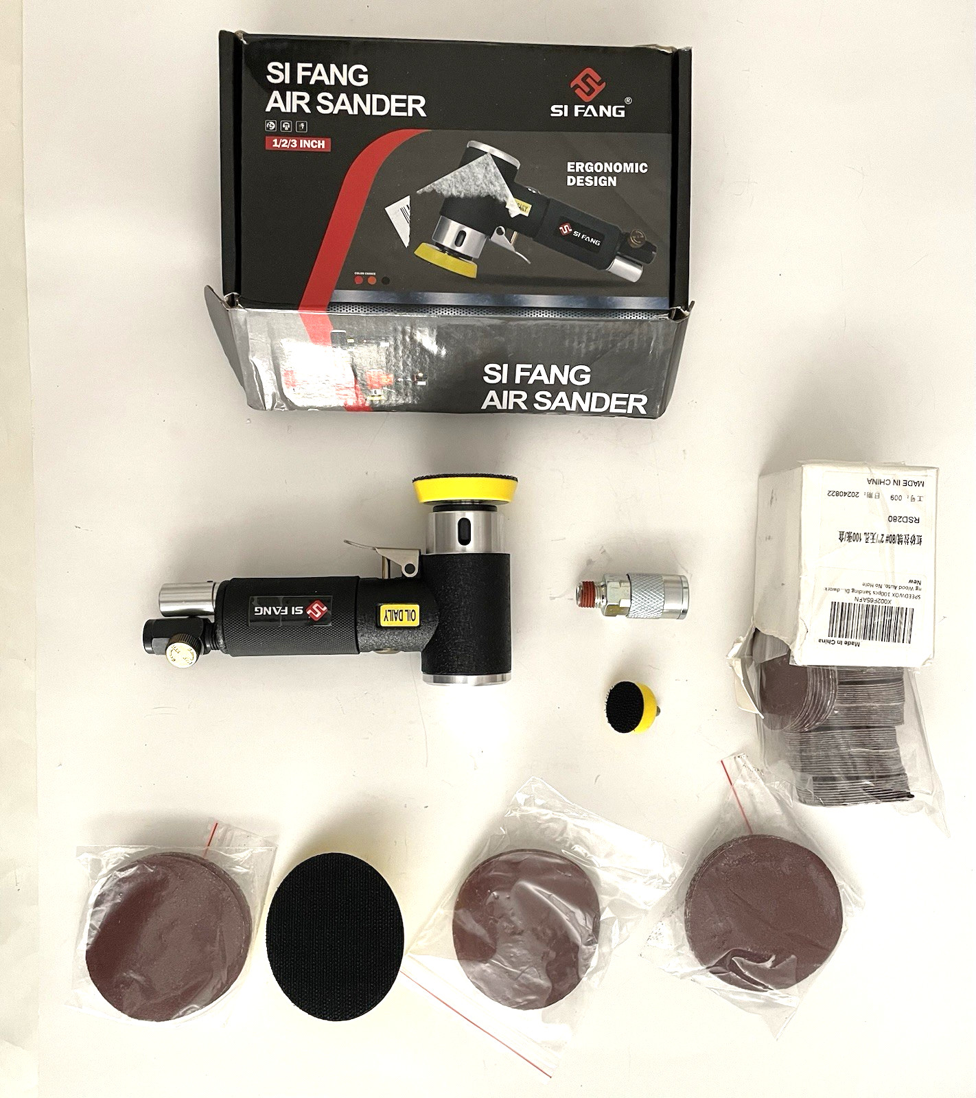 SI FANG MINI AIR RANDOM ORBITAL SANDER 1/2/3" + Bundle Discs NEW OPEN BOX