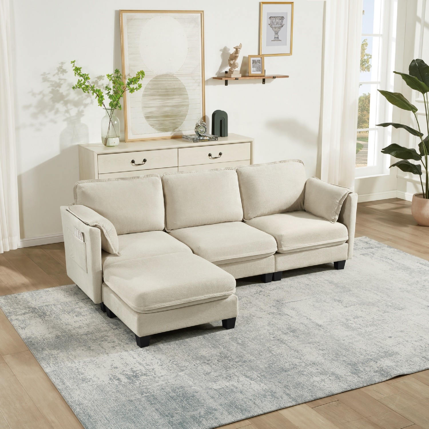 L-Shaped Sofa 4-Seater Modular Couch w/ Ottoman & Detachable Armrest Cushion