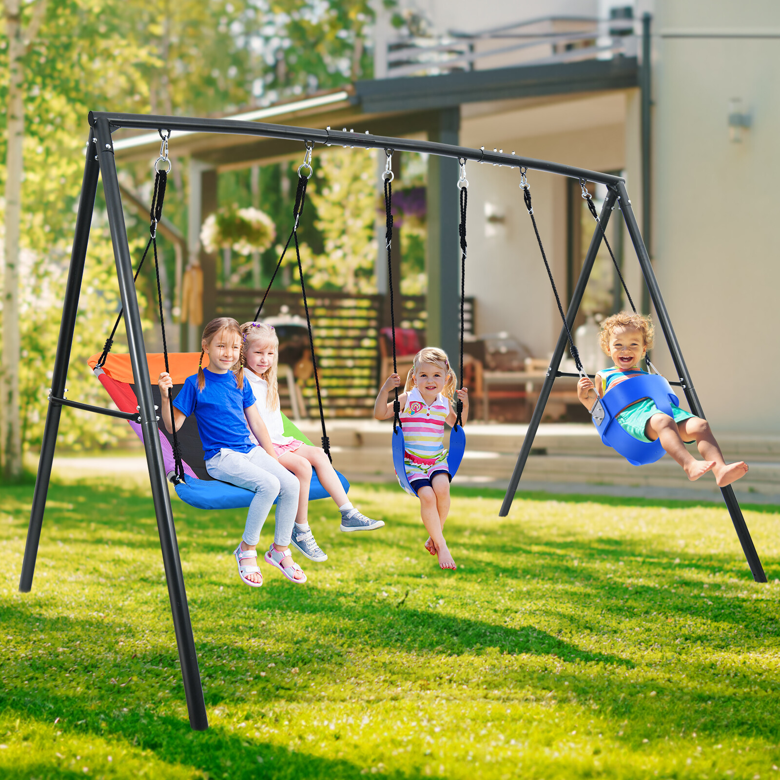 Hapfan 440lb Metal Swing Set Heavy-Duty Kids Adult Outdoor Playset with 3 Swings