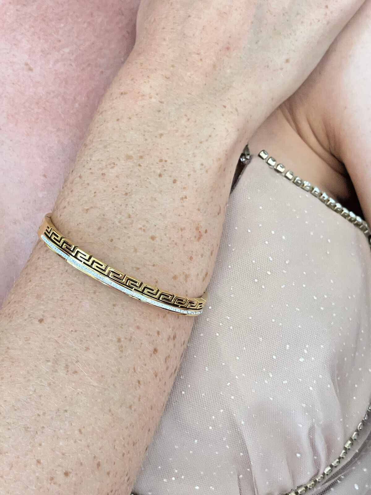 18k Gold Ancient Greek Key Bracelet Bangle 58 Diamonds