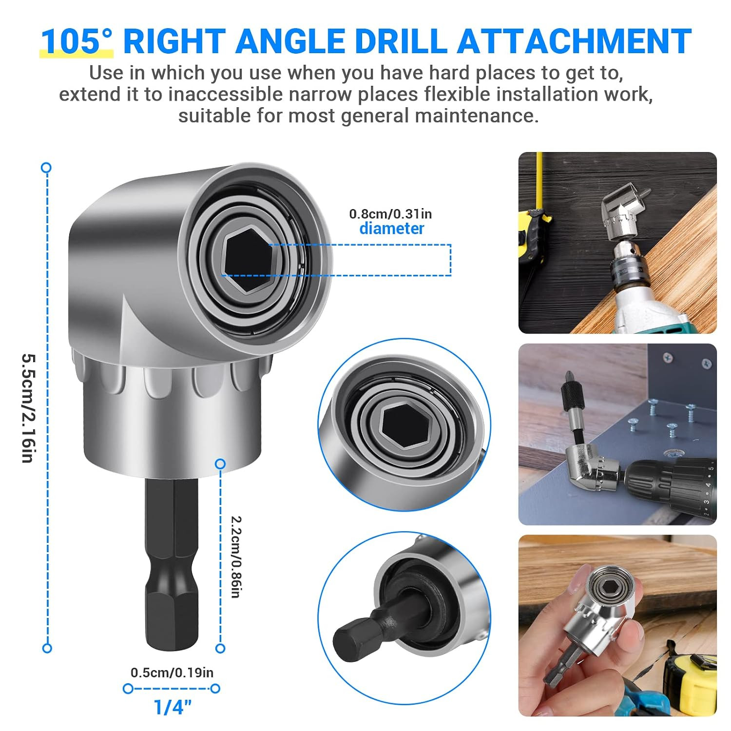 Flexible Drill Bit Extension Set 19Pcs, Hex Shank 105°Right Angle Drill Attachme