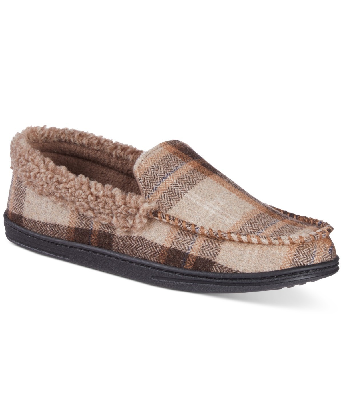 Isotoner Mens Plaid Lewis Moccasin Slipper with memory foam Beige XXL 13-14