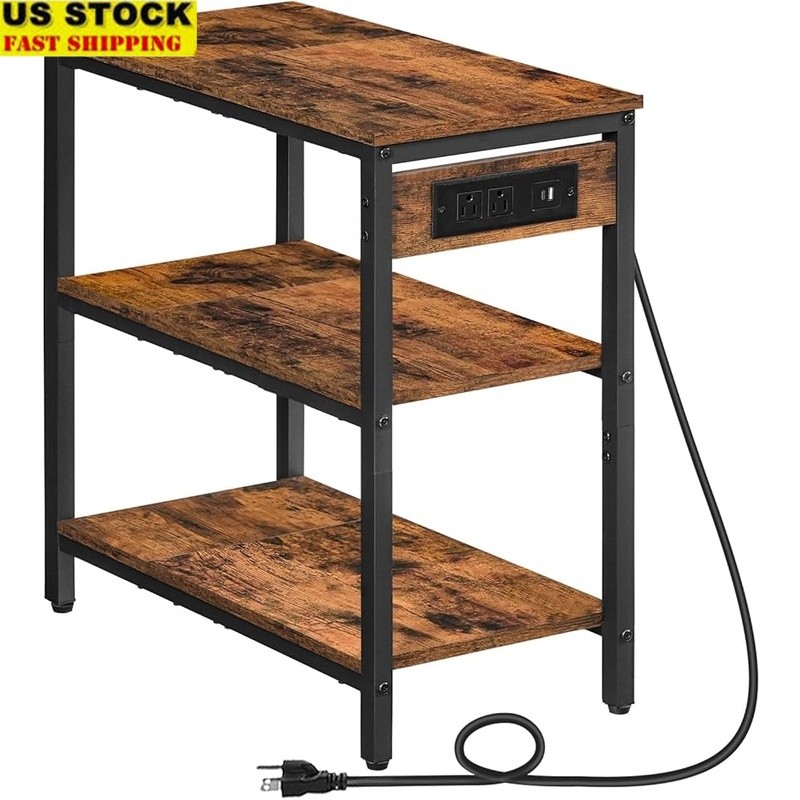 Industrial 3-Tier End Table W/ AC USB Type-C Charging Ports Living Room