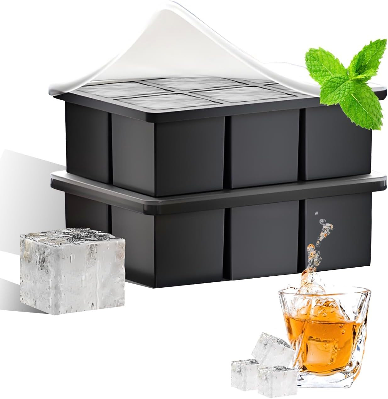 Moldes silicona cubos hielo grandes 12 cavidades apilables negro sin BPA