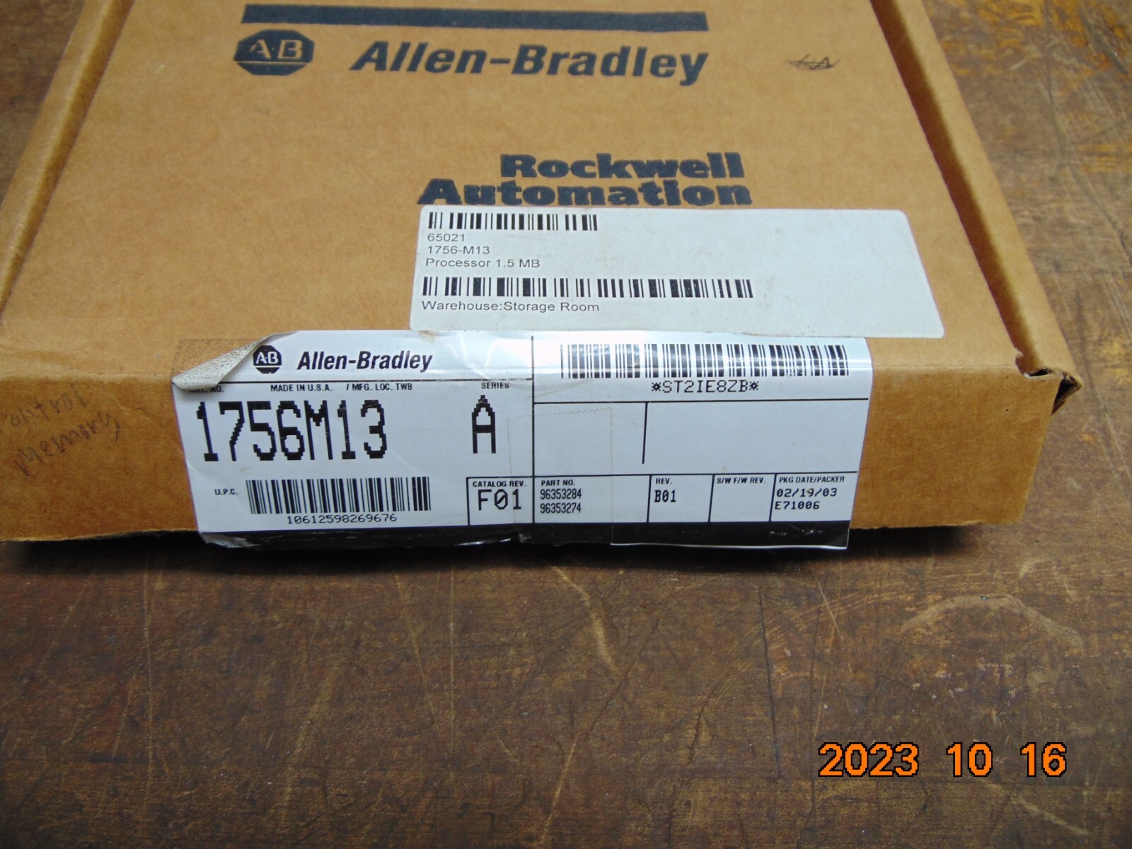 ALLEN BRADLEY CONTROL LOGIX MEMORY EXPANSION 1756-M13/A F01 / 96353274 B01 SER A
