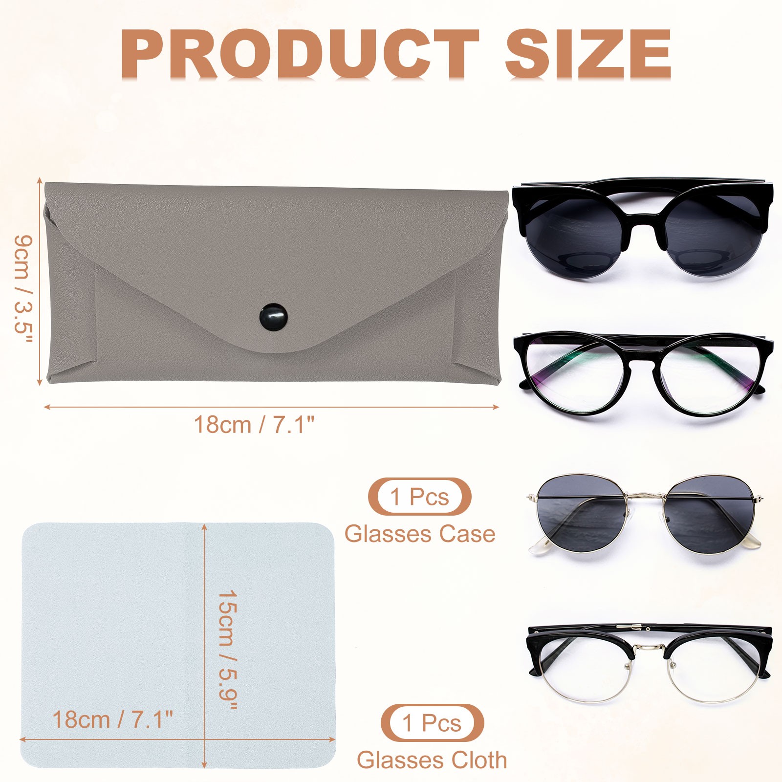 Leather Glasses Case Holder with Button and Cleaning Cloth (Grey)