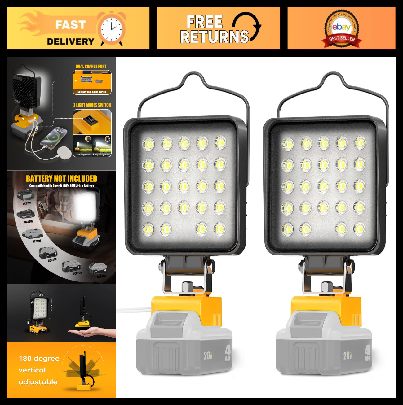 2 Pcs Cordless LED Work Light 112W 11200LM, Portable Flood Lighting, USB & Type-