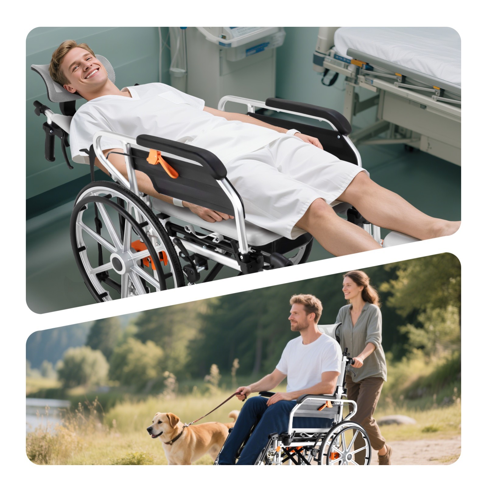 3-in-1 Multi-Purpose Wheelchair, Foldable Transport Wheelchair, Support 265 lbs