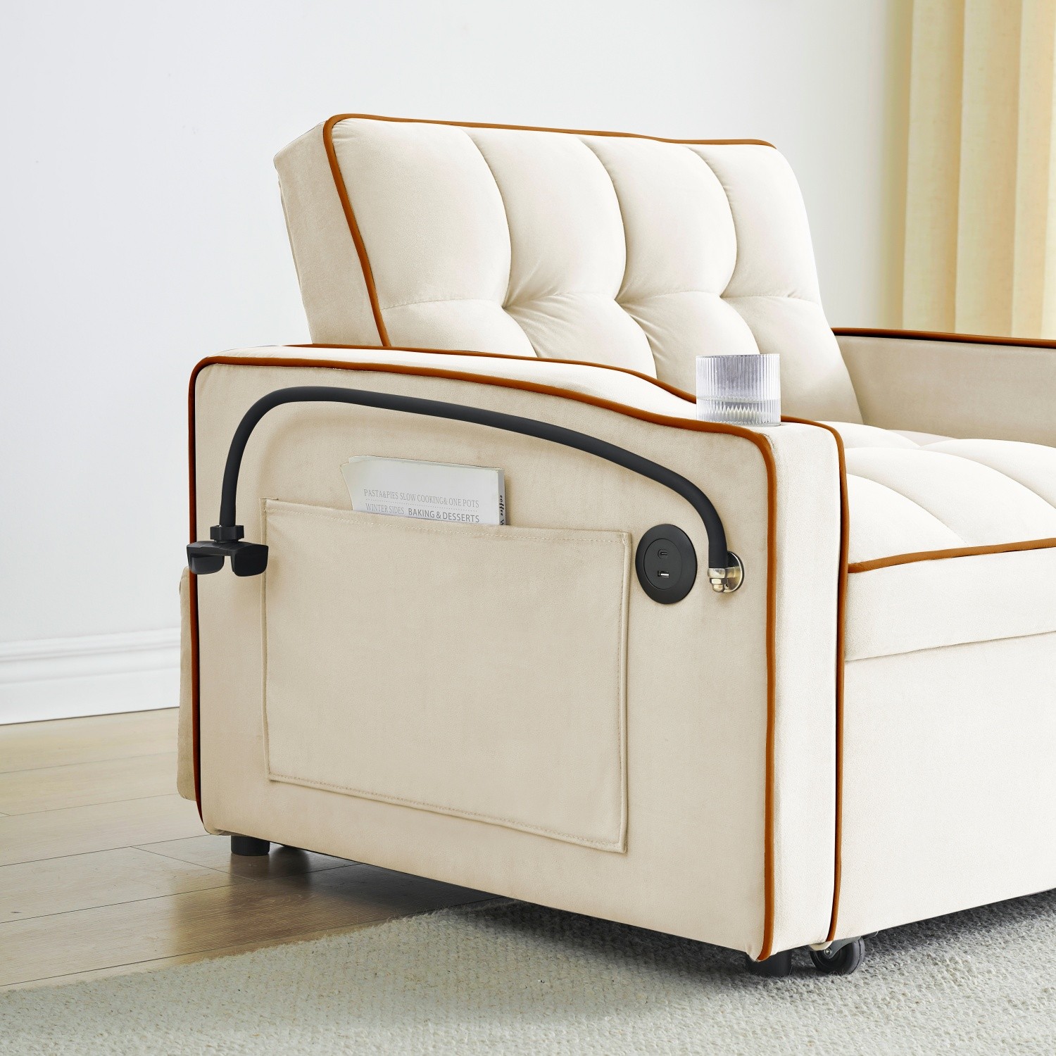 Modern Velvet Convertible Sofa Bed 3 in 1 Folding Sleeper Chair with USB Port