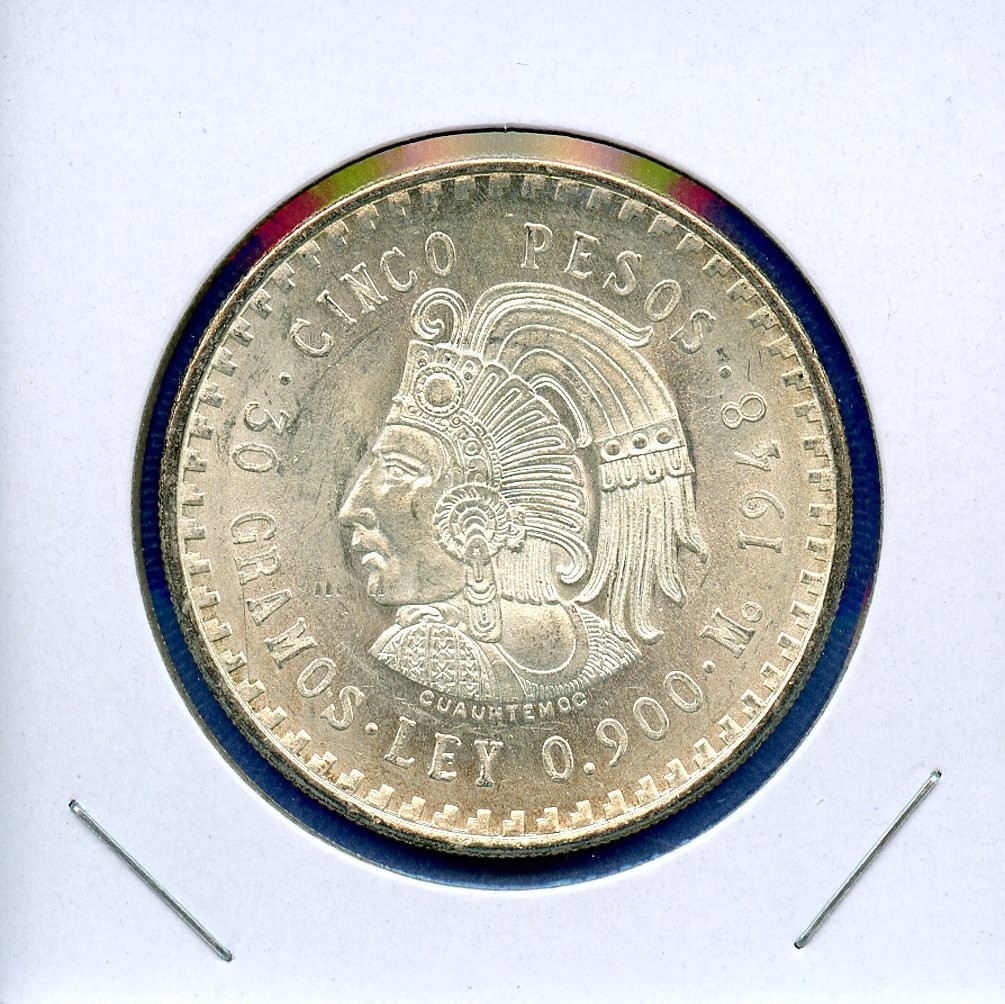 1948 Mexico 5 Peso Cuauhtémoc Silver Coin BU Brilliant Uncirculated #71