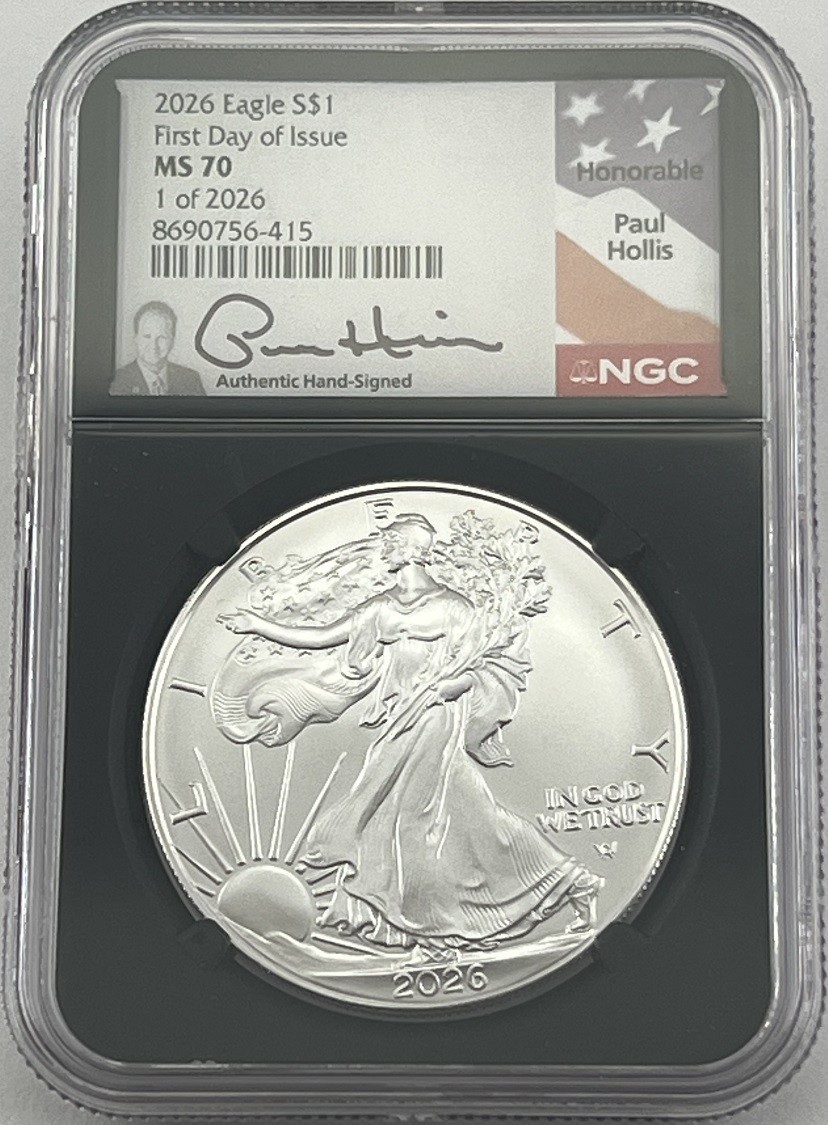 2026 AMERICAN SILVER EAGLE NGC MS70 FDOI BLACK CORE PAUL HOLLIS SIGNED 1 of 2026