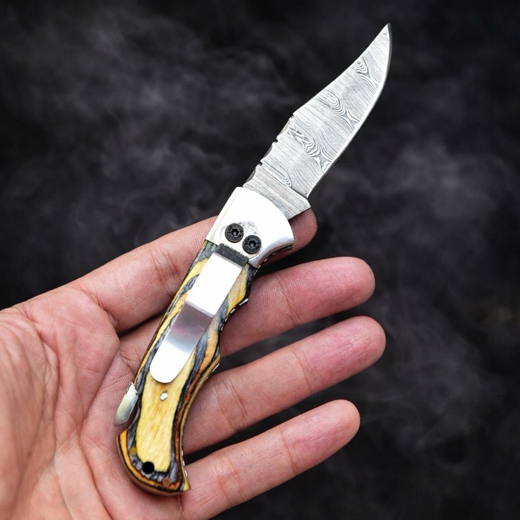 Tactical Folding Damascus Steel Blade Pocket Knife Survival Back Clip