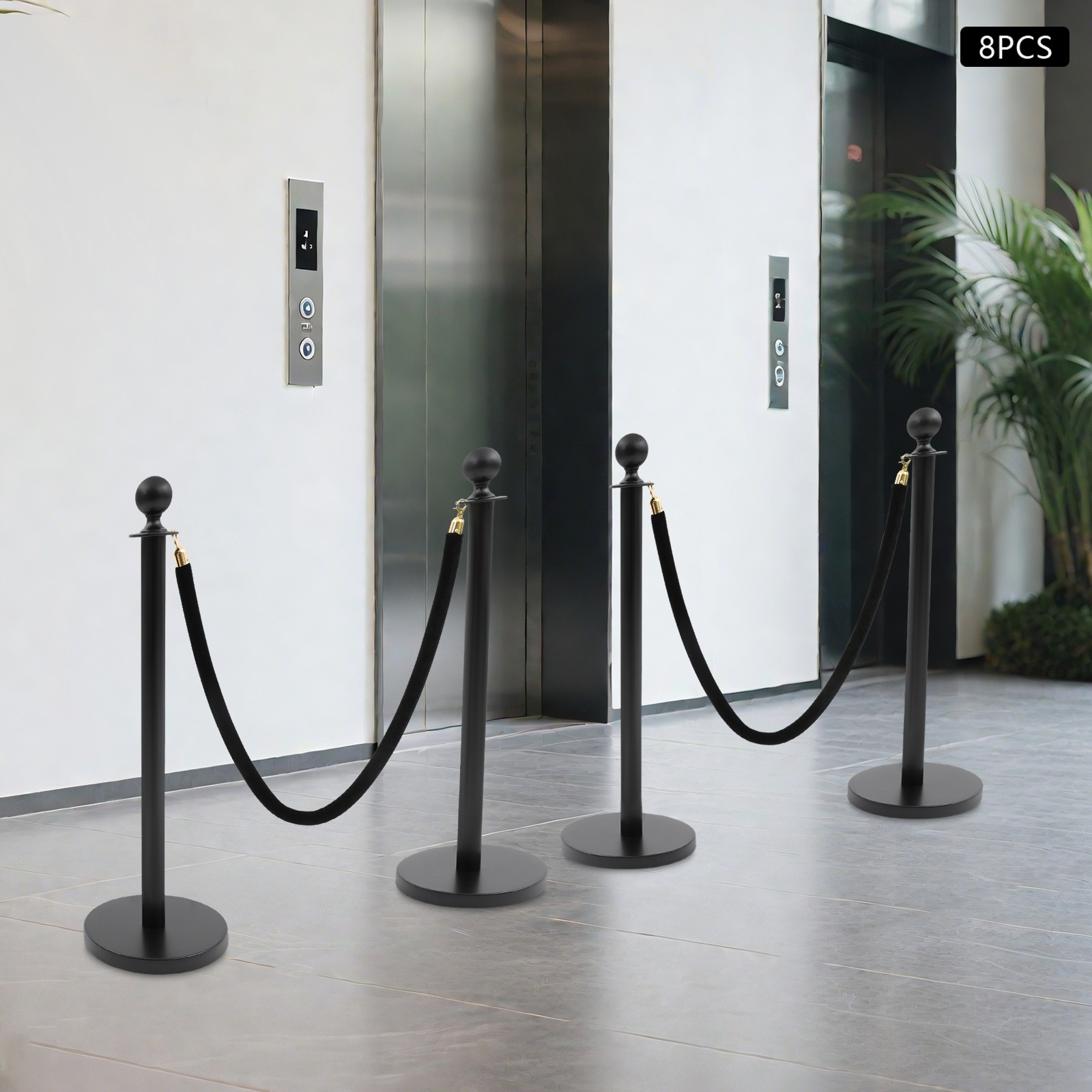 8 PCS Black Stanchion Posts Queue Pole with 4 1.5M Ropes Crowd Control Barrier