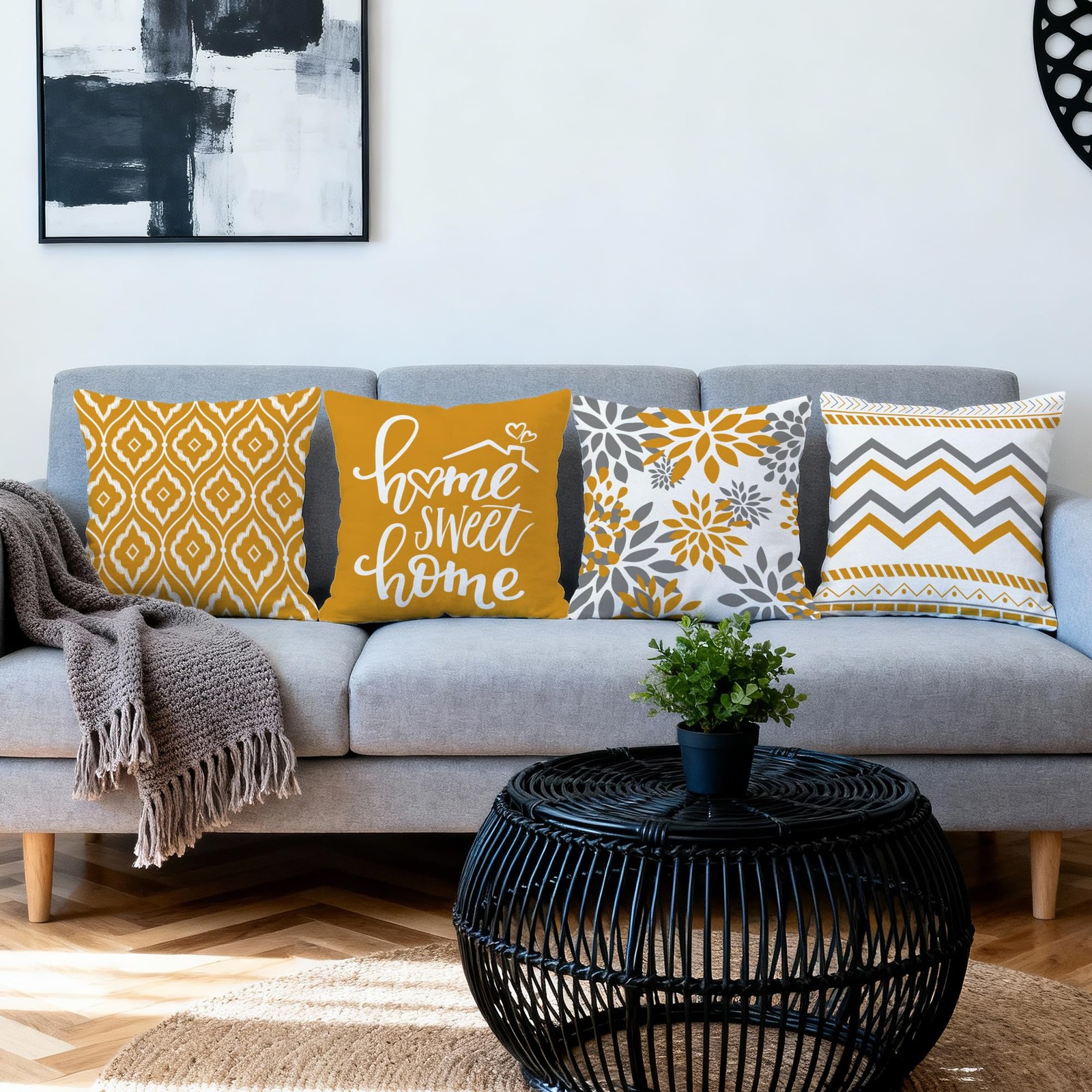 Geometric Yellow Pillow Covers 18x18 Set of 4, Decorative Outdoor Modern Boho...