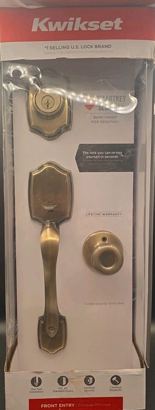 Kwikset Belleview and Tylo Entry Door Knob Handleset In Antique Brass 96870-098