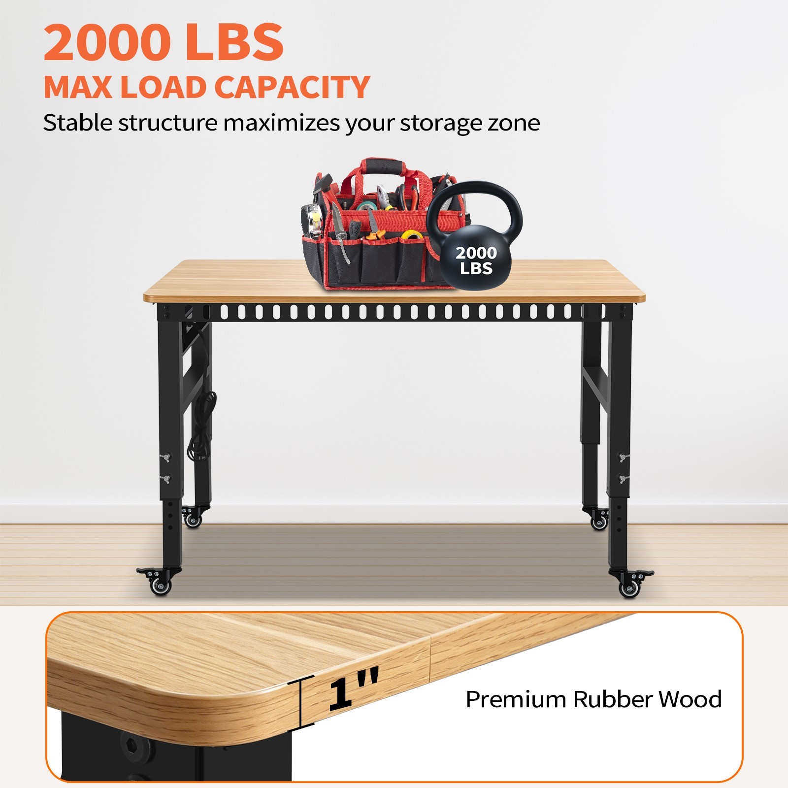 Height Adjustable Workbench 48"x 24" Large Capacity Heavy-Duty Power Outlets