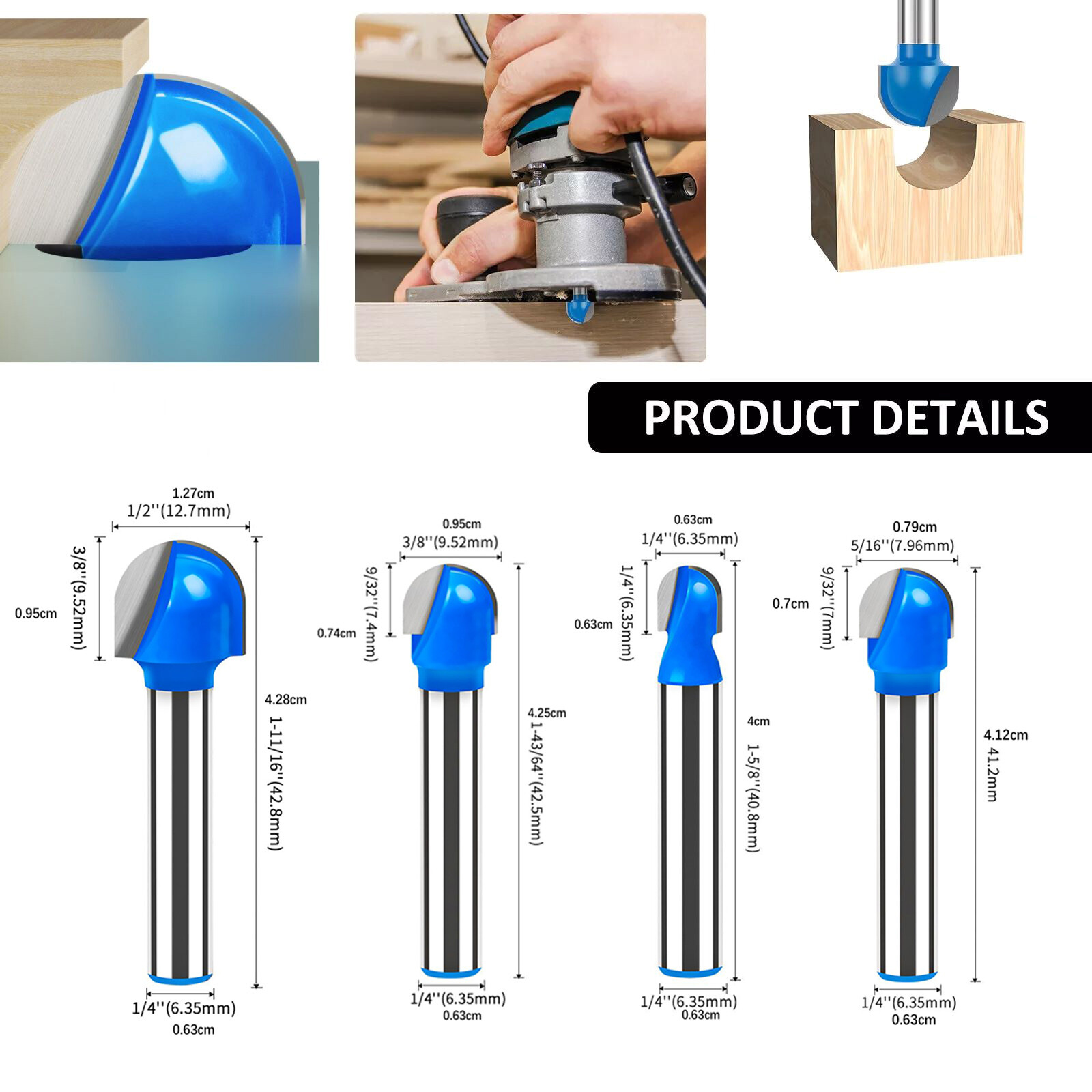 4Pcs/Set 1/4 inch Shank Solid Carbide Round Nose Router Bit Replacement