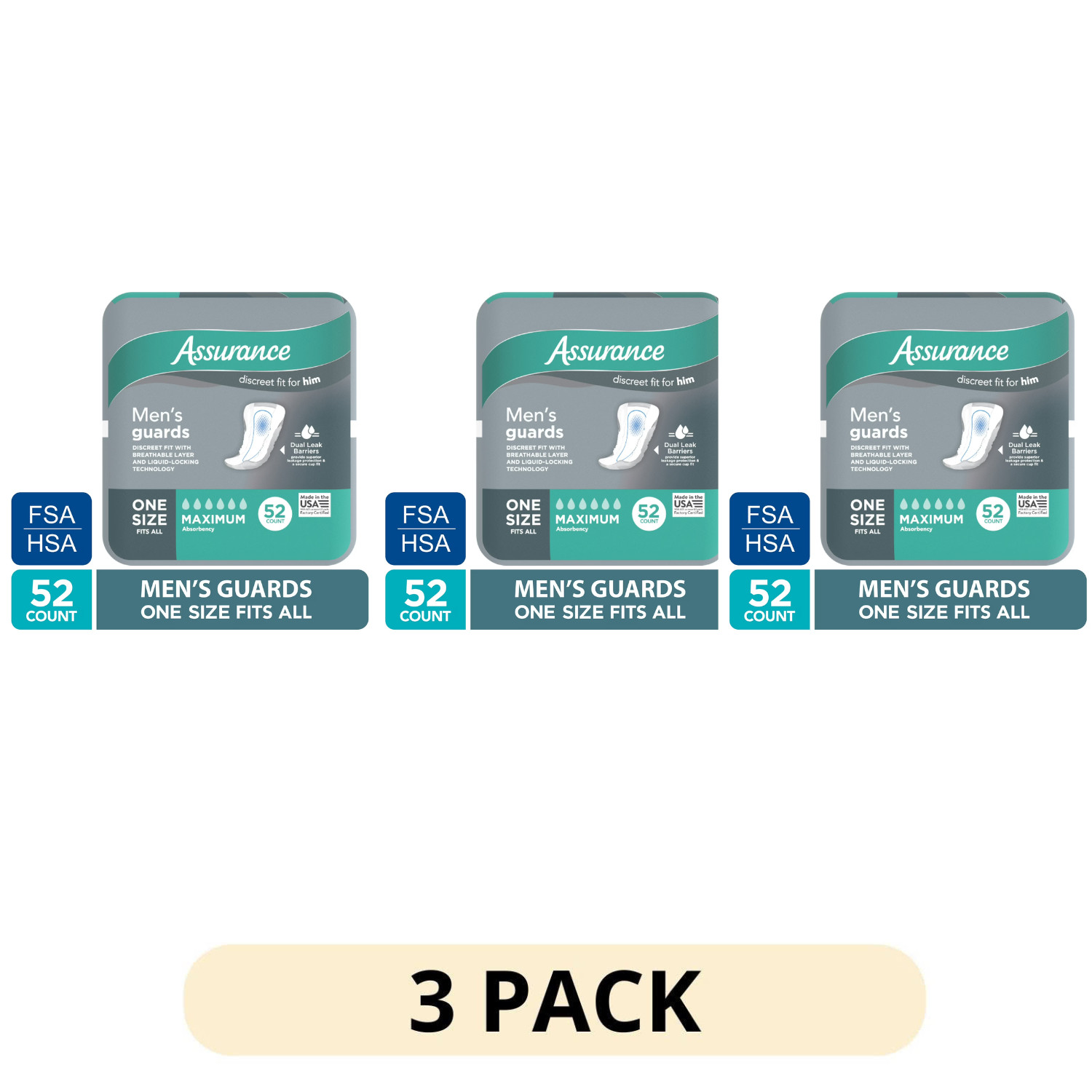3 Pack Assurance Men Guards Maximum Absorbency 52 Count