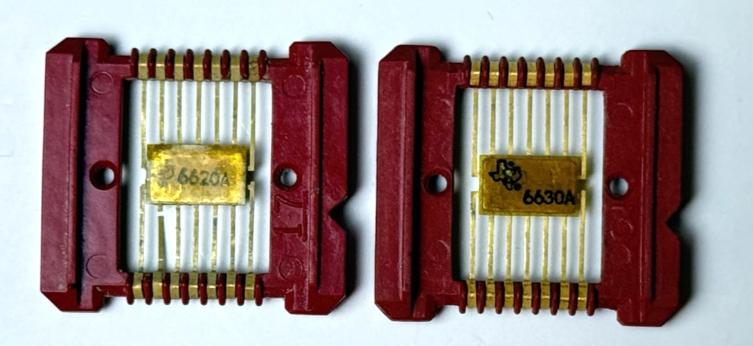 Two 1966 Texas Instruments Integrated Circuits (IC) in Red Carriers