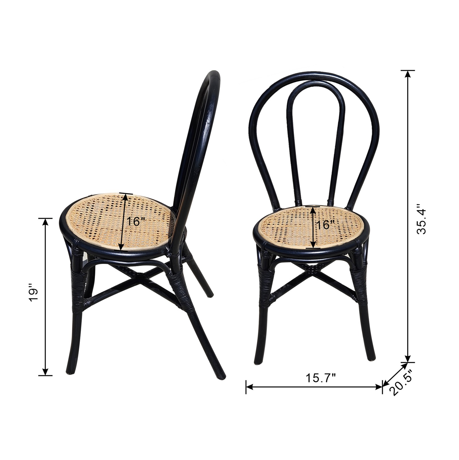Set of 2 Black Rattan Dining Chairs, 35.5" High, Woven Back, Modern Kitchen