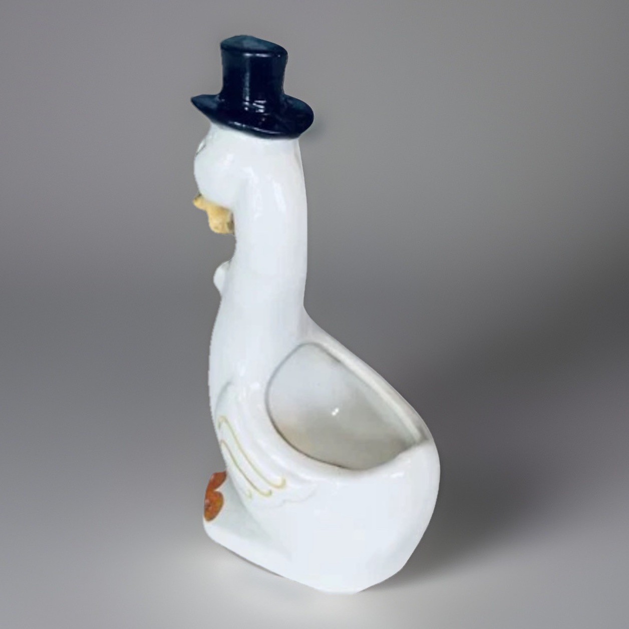 1920s Ceramic dapper duck anthropomorphic planter top hat bow tie 7” Tall