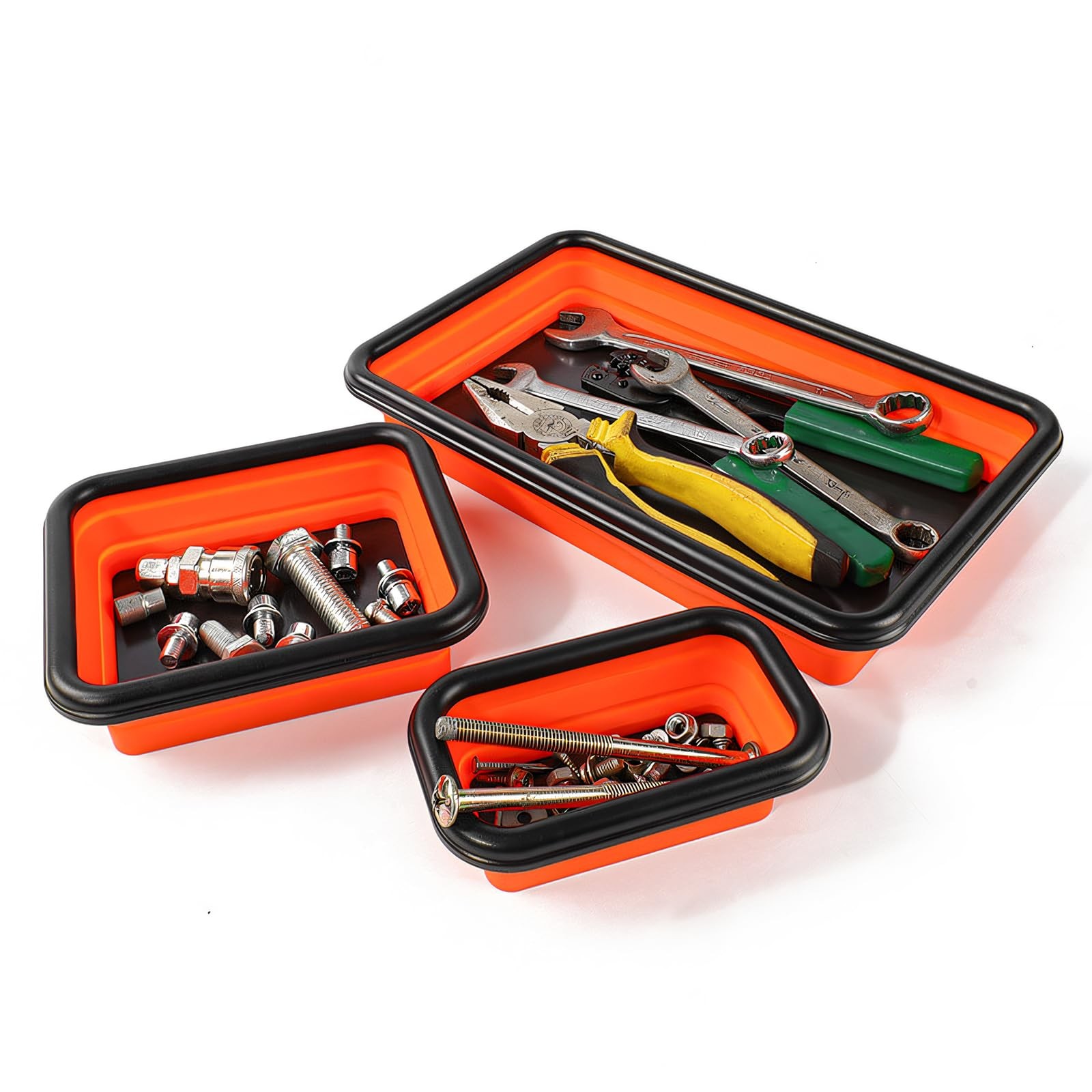 YSFER 3 PCS Foldable Magnetic Parts Organizer, 3 Sizes Collapsible Orange