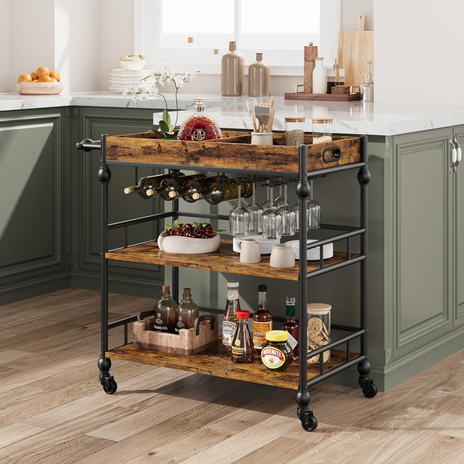 Vintage Style Mobile Bar Cart, 3-Tier W/ Shelf & Wheels, Wood/Metal Rustic Brown