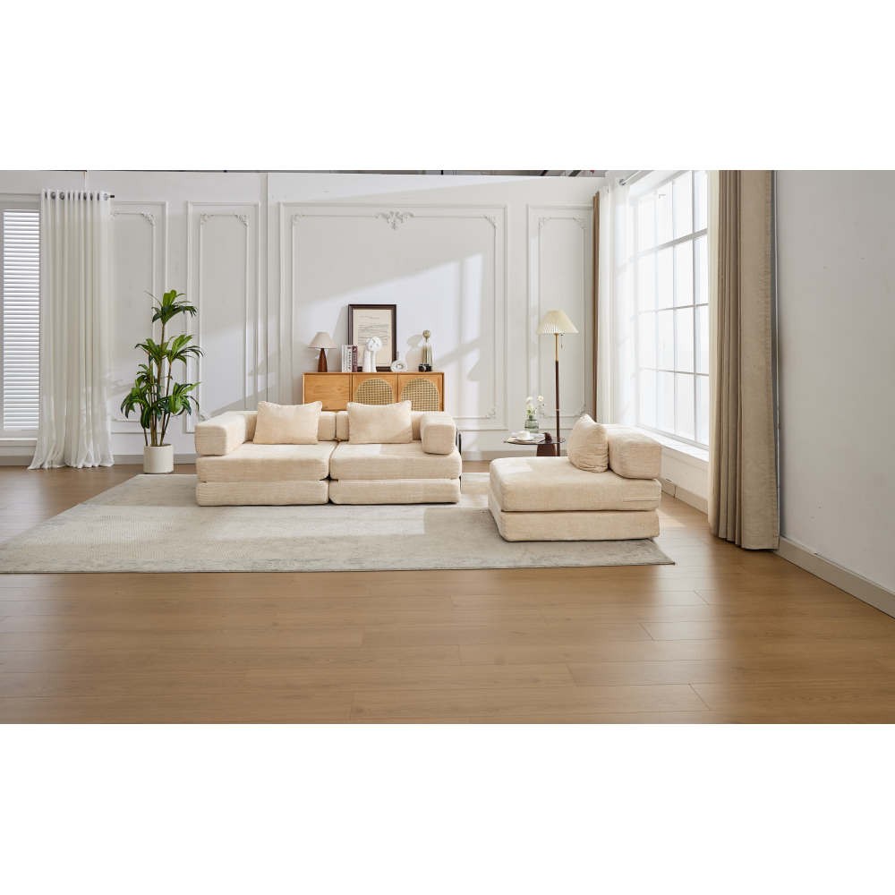 Convertible Floor Sofa Bed w/Fixed Frame, Chenille, Beige, No Assembly