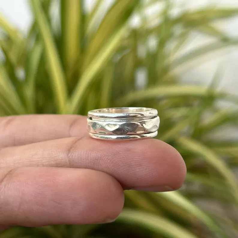 925 Sterling Silver Hammered Wide Band Ring Unisex Statement Jewelry All Size