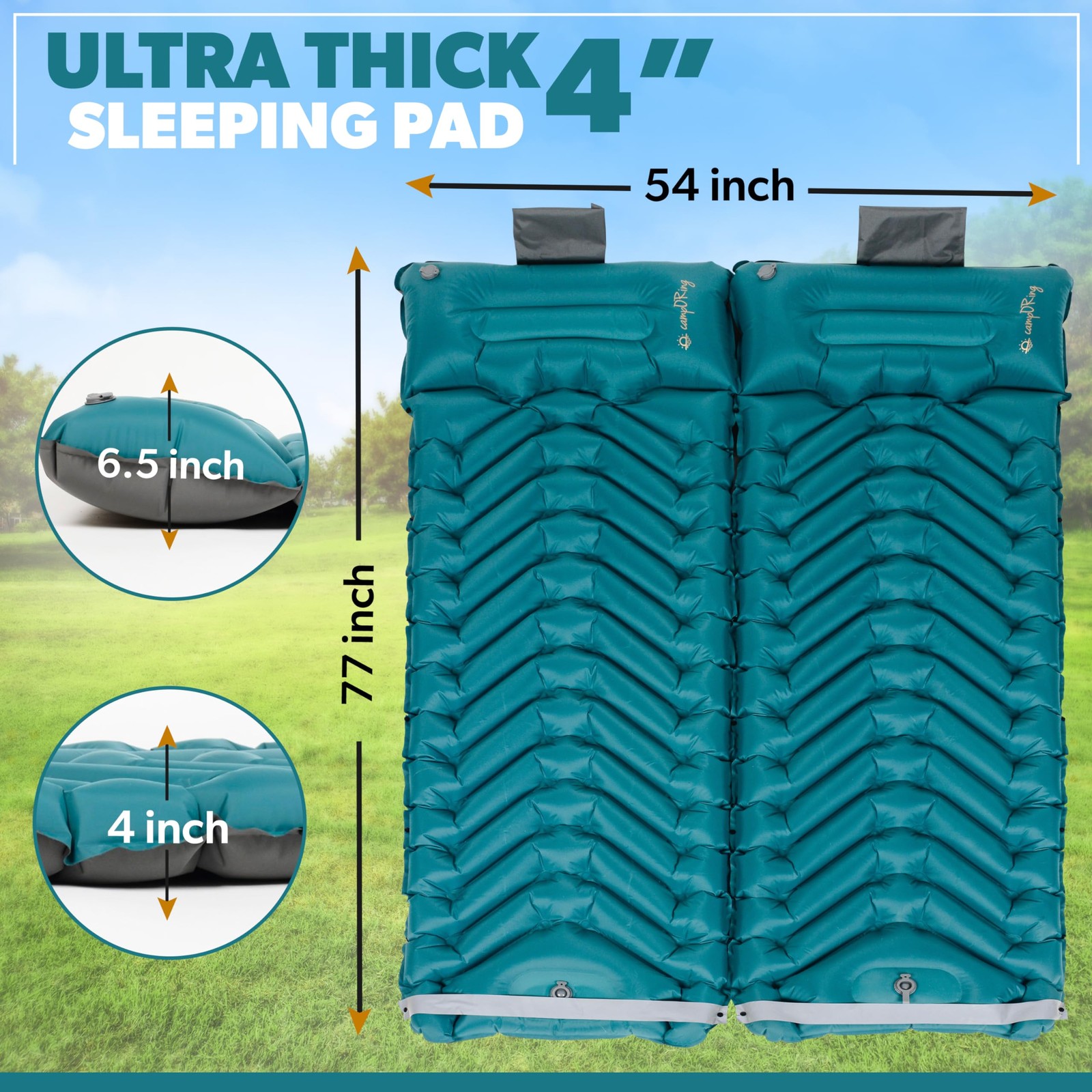 Sleeping Pad with Pillow, Self Inflating Extra-Thick, Ultralight Sleeping Mat...