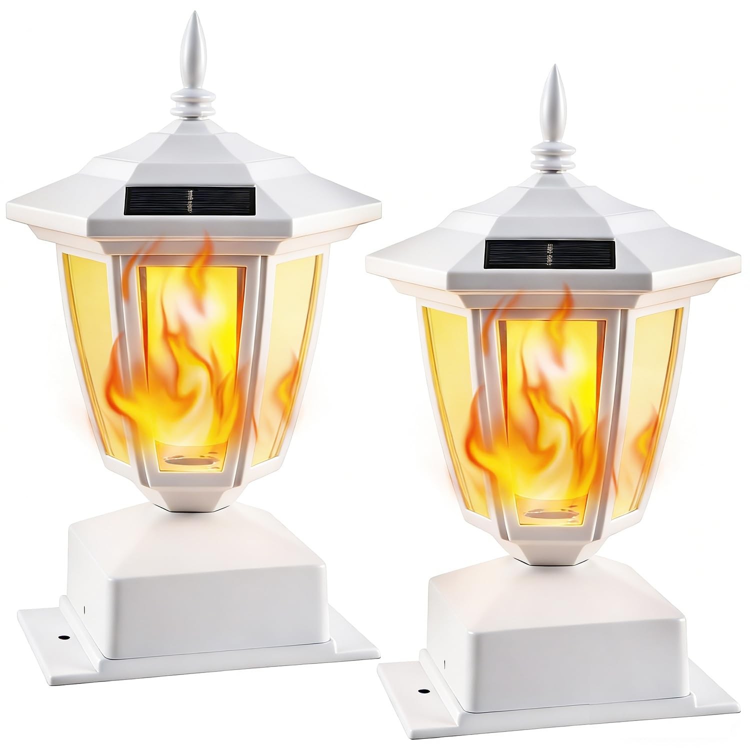 Dynaming 2 Pack Solar Flame Post Lights Outdoor, Powered 2 Pack, White