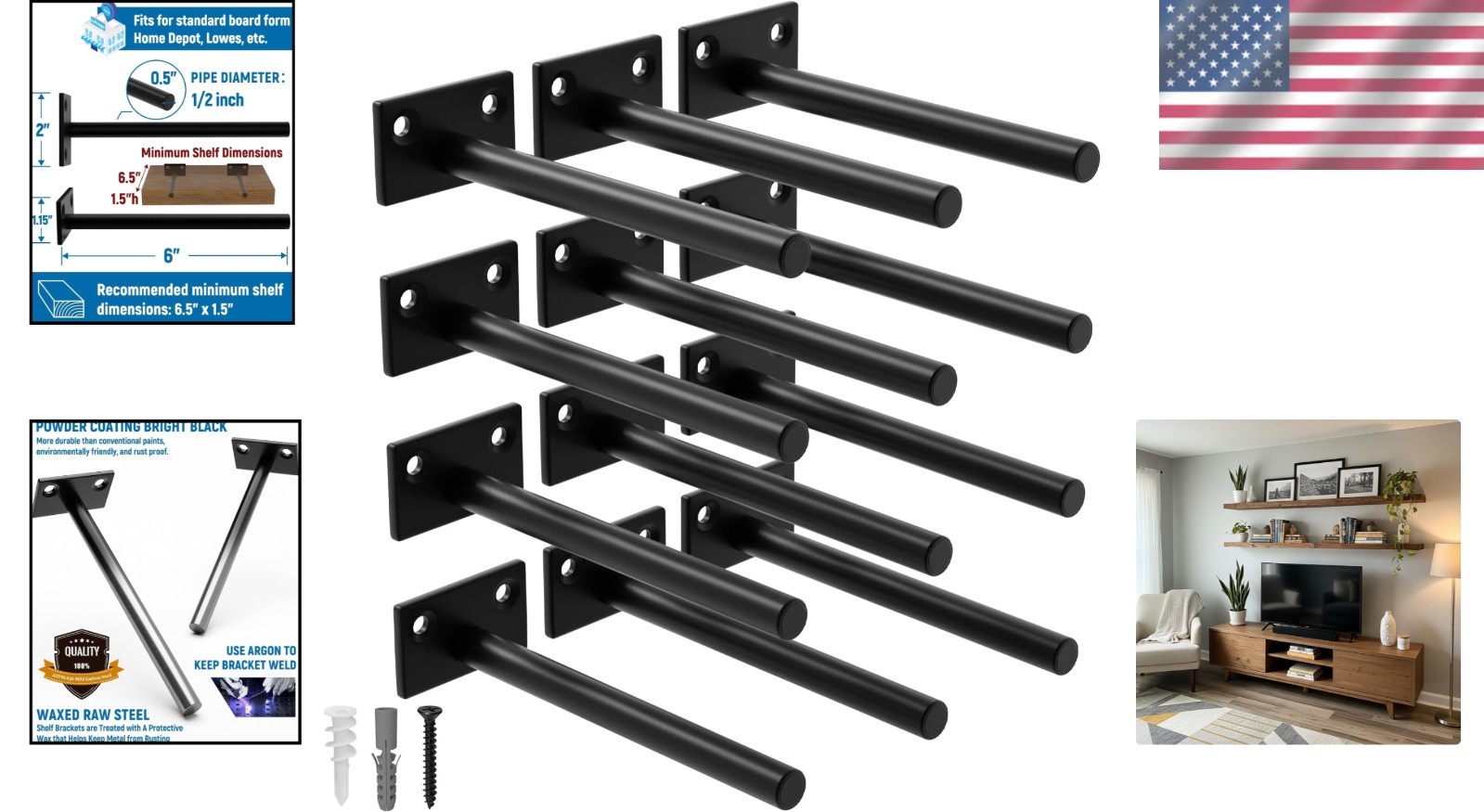 12-Pack 6-Inch Black Floating Shelf Brackets - Concealed Wall Mount Design