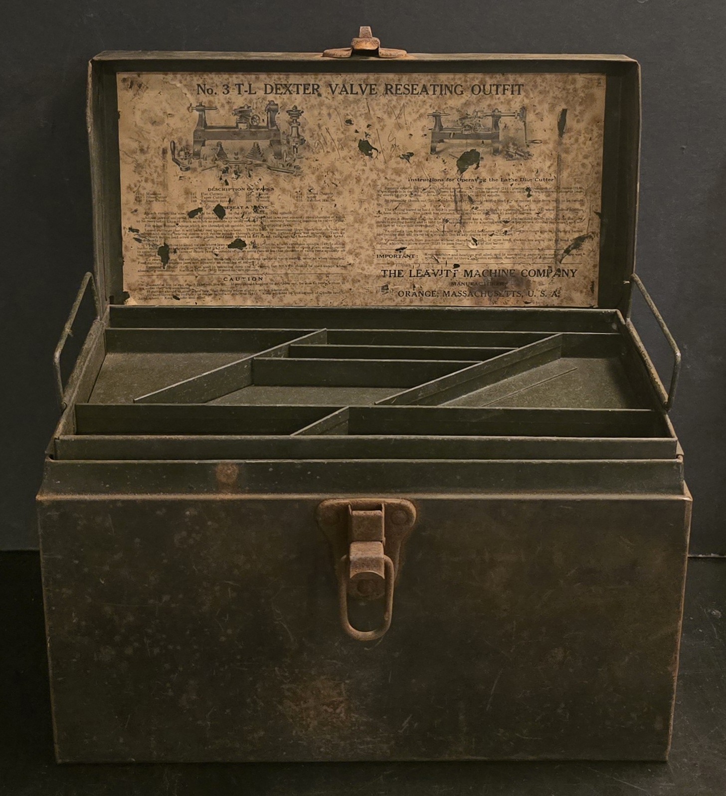 The Leavitt Machine Company No 3 TL Dexter Valve Reseating Outfit Metal Box Only