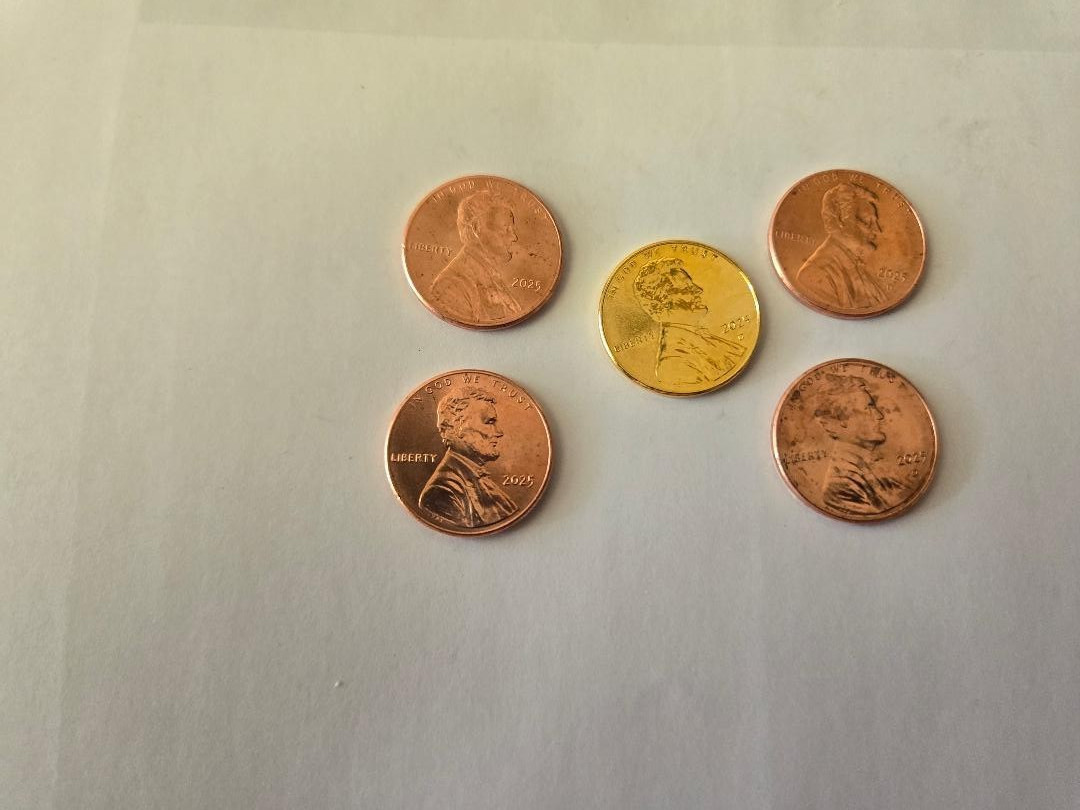2-2025 P D Lincoln Cent & 24K Gold Plated Coin 5-Coin Set Philadelphia Denver BU