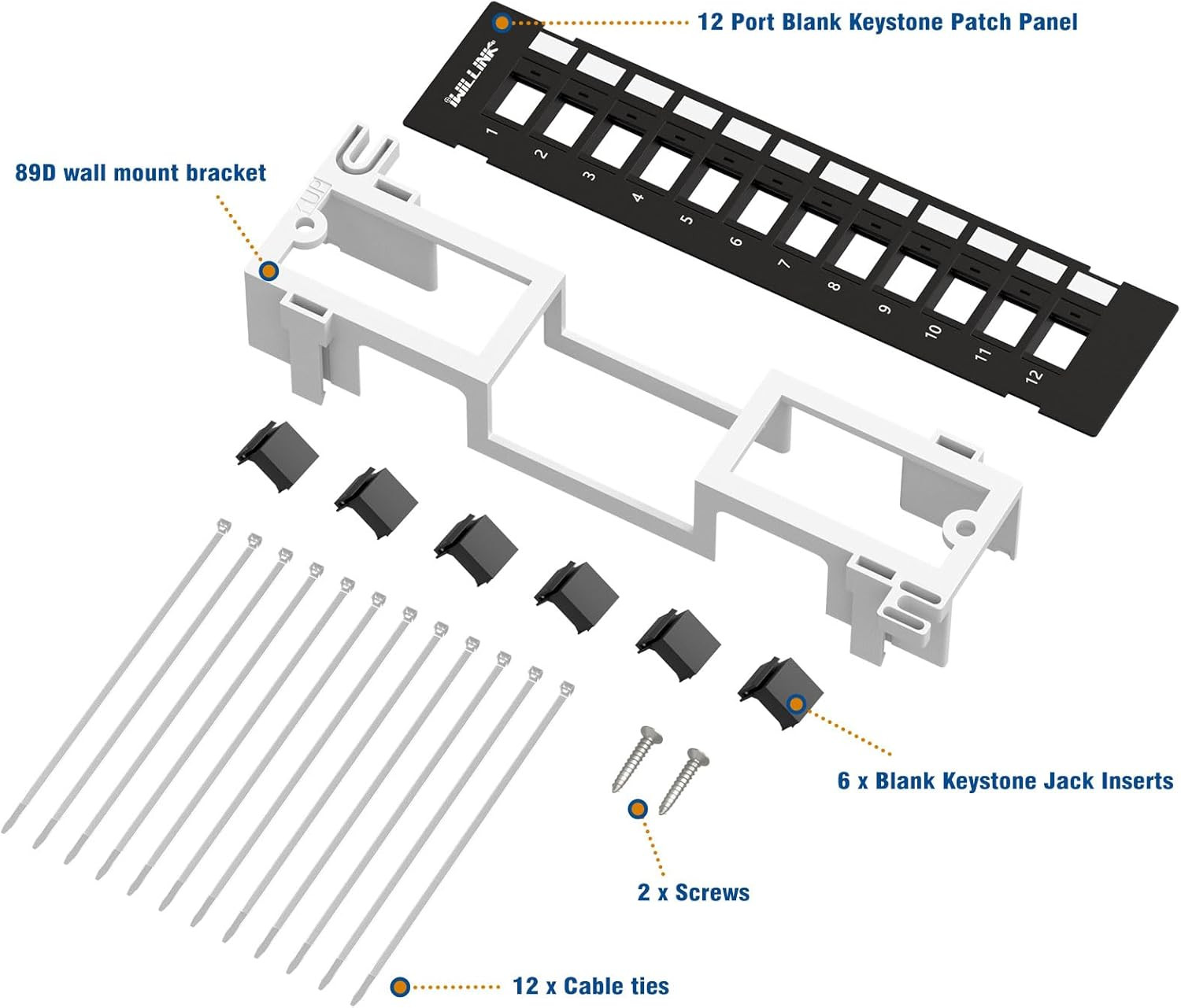 Blank 12-Port Keystone Patch Panel with 89D Wall Mount Bracket, Versatile Vertic
