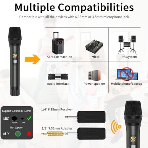 Wireless Microphone, Handheld UHF Dual Metal Cordless Dynamic Mic Dual Mic Grey