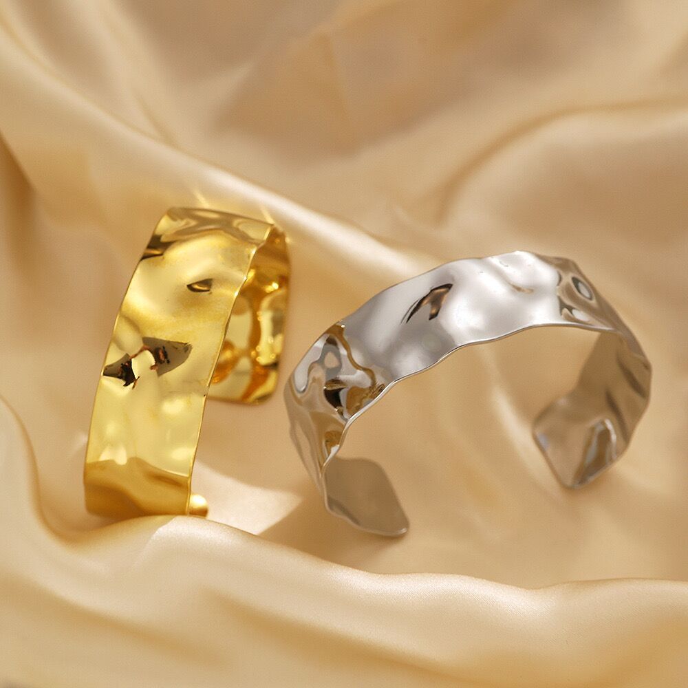 20mm Wide Woman 18k Gold Plated Cuff Bangle Irregular Bracelet Stainless Steel