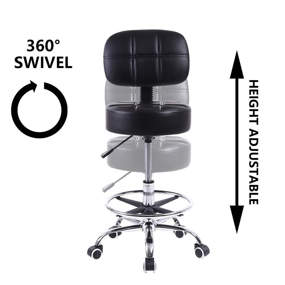 KKTONER Swivel Round Rolling Stool PU Leather with Adjustable Foot Rest Heigh...