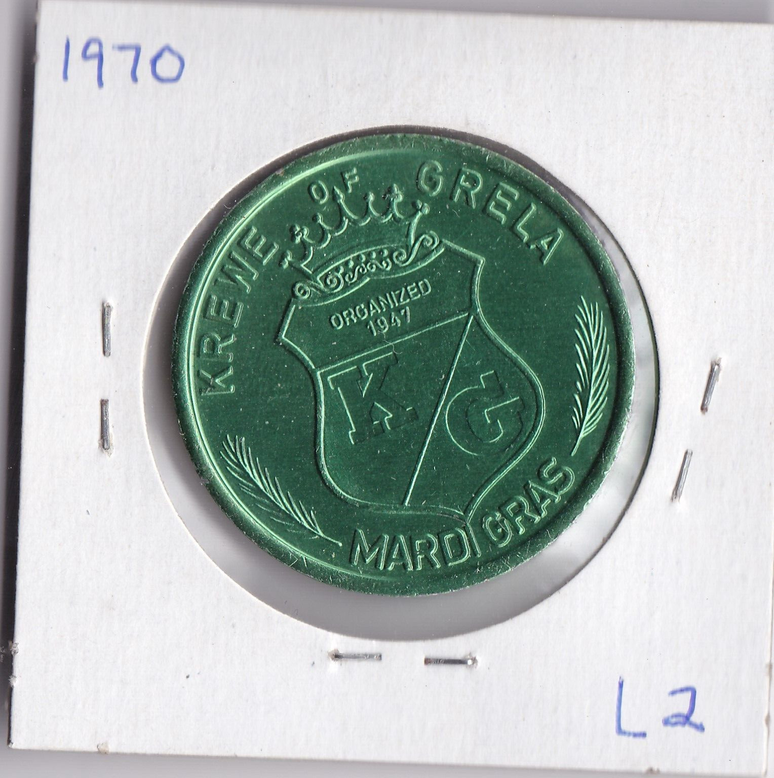 1970  Mardi Gras DOUBLOON  KREWE OF GRELA MARDI GRAS (Green L2)