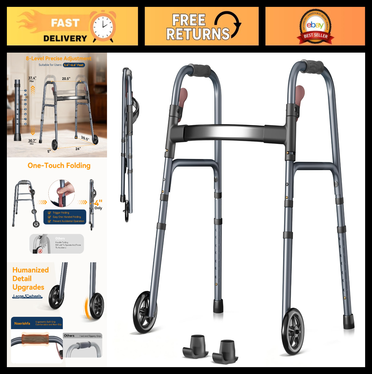 Lightweight Folding Walker for Seniors, 8 Height Adjustments, 300lbs Capacity, O