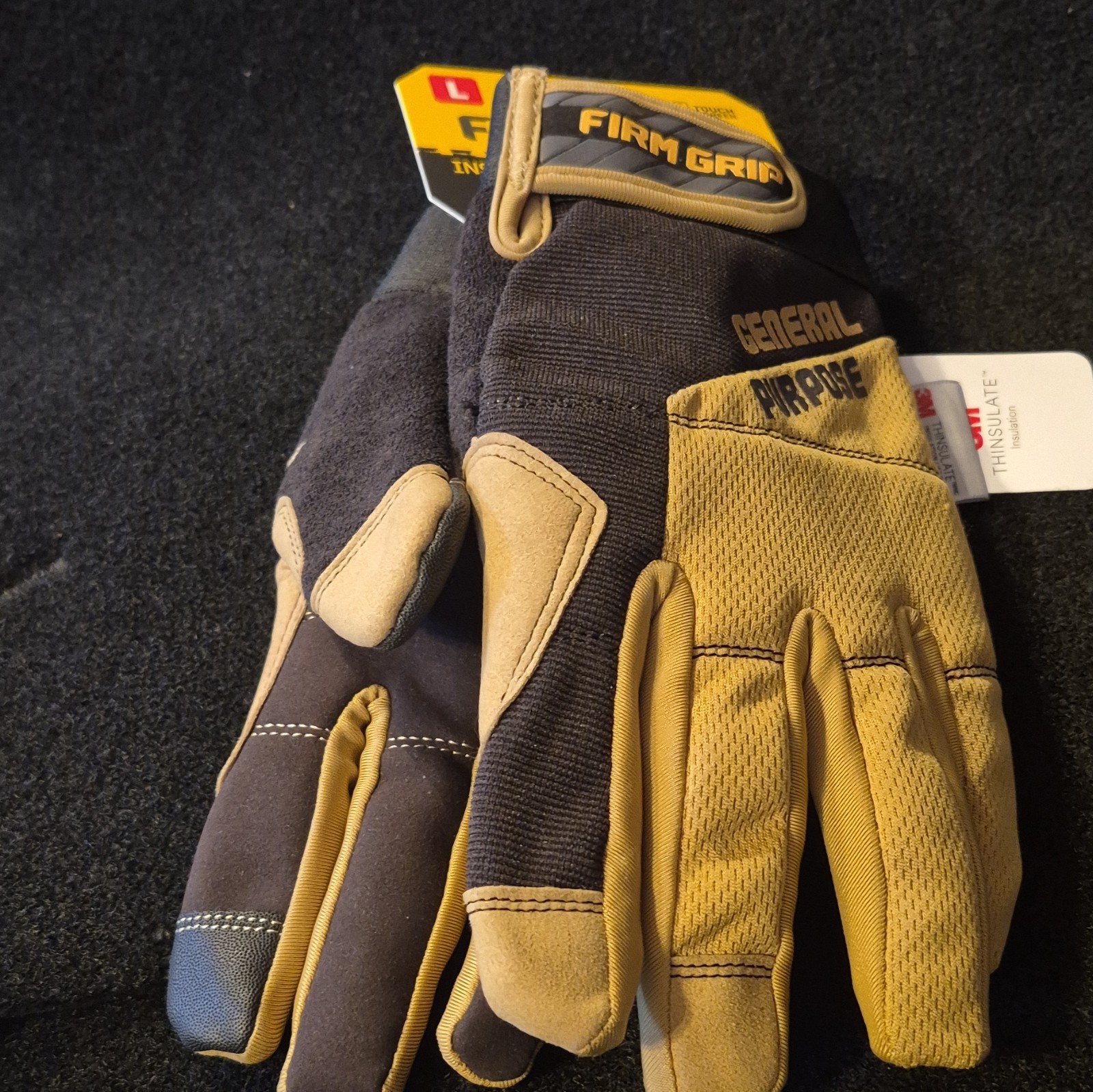 Firm Grip Large Touchscreen Work Gloves, Black/Tan (2)