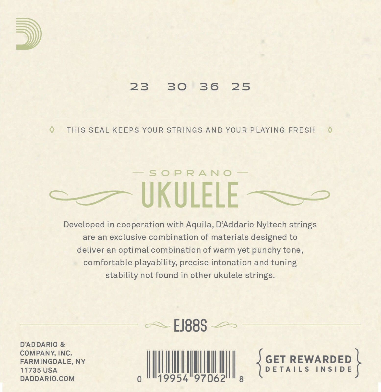 D'Addario EJ88S Nyltech Ukulele Soprano Uke G-C-E-A tuning