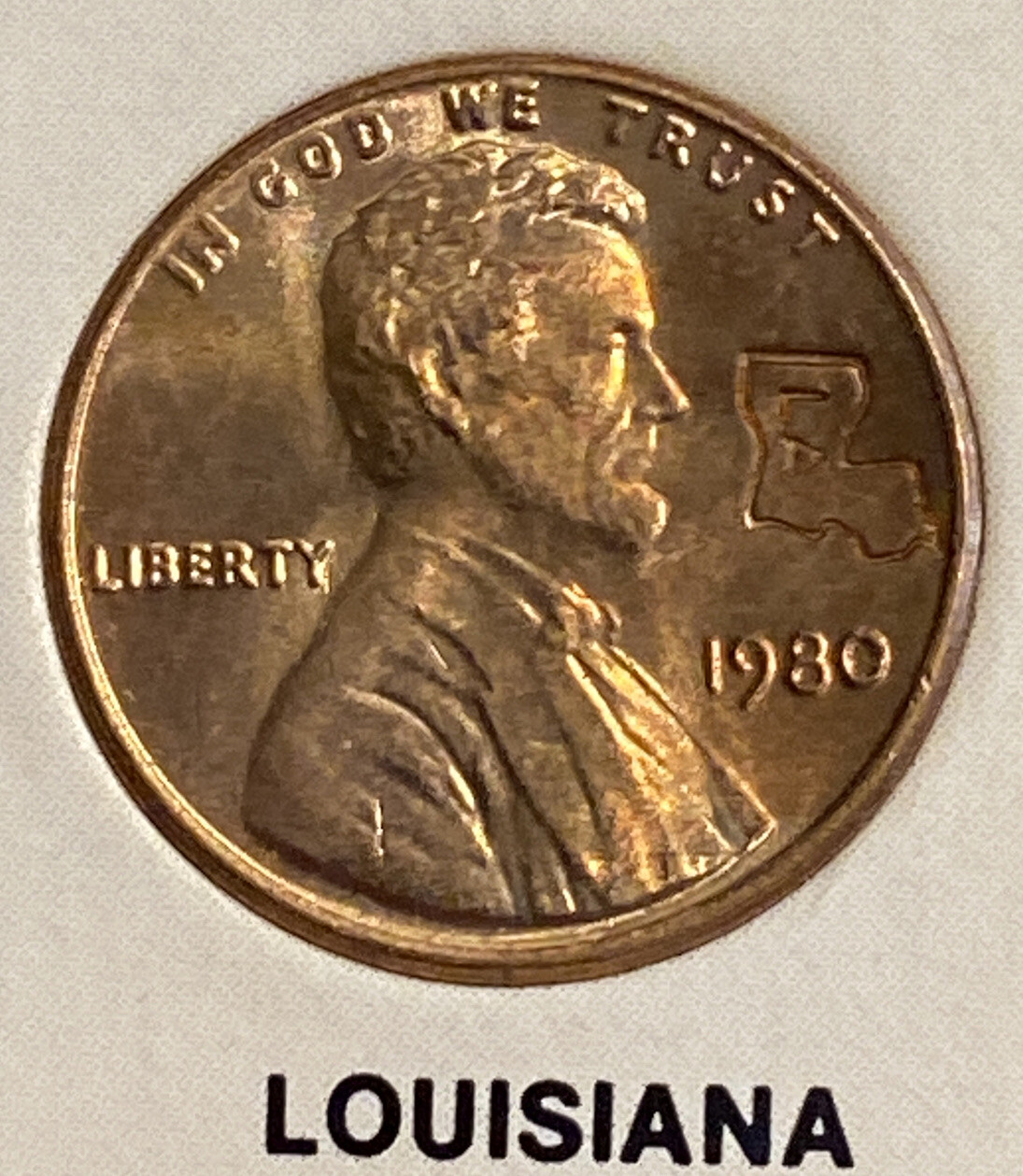 1980 Lincoln Cent with Louisiana LA State Embossed / Engraved Above Date